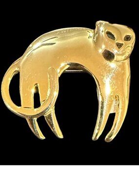 SFJ Signed Cat Brooch Gold Tone Vintage Costume Jewelry Gift Kitten